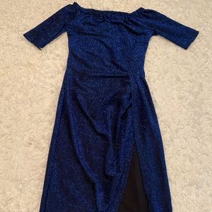 Blue off the shoulder slit dress